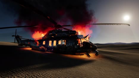 Helicóptero-Militar-Quemado-En-El-Desierto-Al-Atardecer